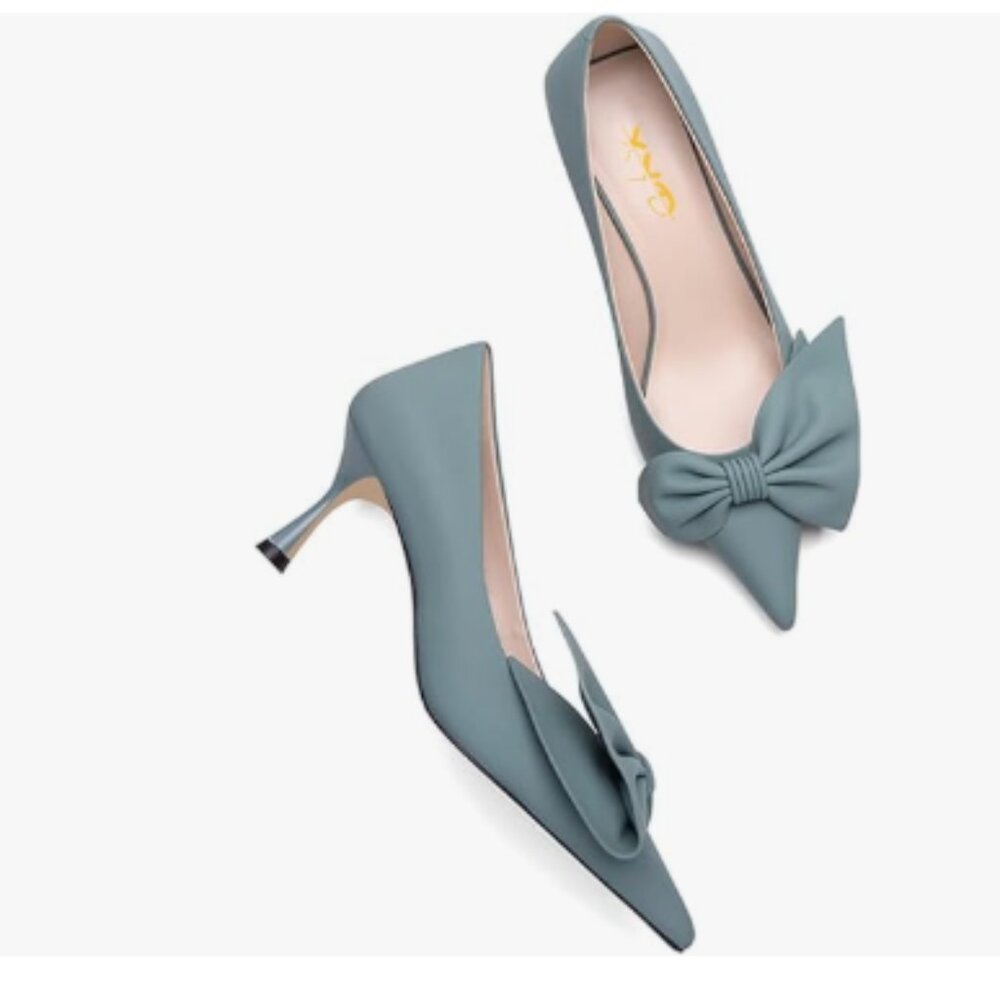 XYD Blue Adorable Bowtie Pointy Toe Vintage Kitten Heel Pumps Slip On Shoes